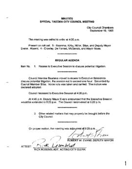 City Council Meeting Minutes, Special, September 19, 1995