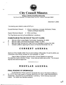 City Council Meeting Minutes, December 3, 2002