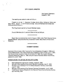 City Council Meeting Minutes, August 9, 1994