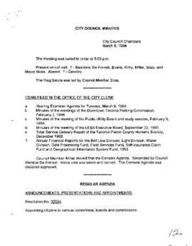 City Council Meeting Minutes, March 8, 1994