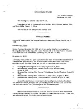 City Council Meeting Minutes, September 29, 1992