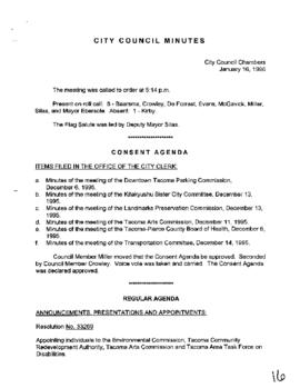 City Council Meeting Minutes, January 16, 1996