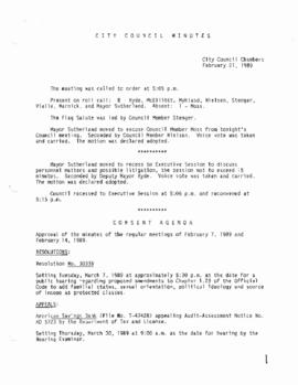 City Council Meeting Minutes, February 21, 1989