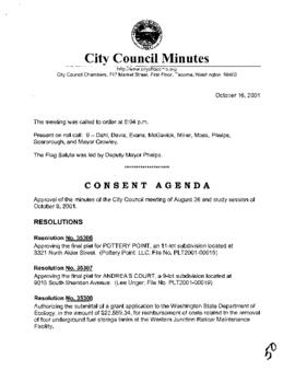 City Council Meeting Minutes, October 16, 2001