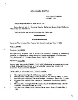 City Council Meeting Minutes, June 21, 1994