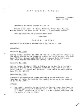 City Council Meeting Minutes, August 7, 1990