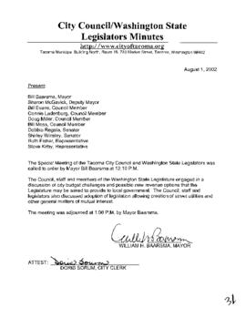 City Council Meeting Minutes, Wash. State Legislators, August 1, 2002