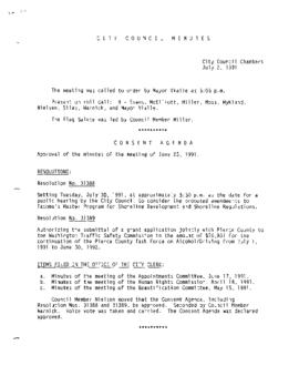 City Council Meeting Minutes, July 2, 1991