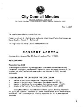 City Council Meeting Minutes, May 15, 2001