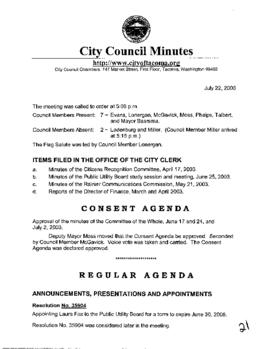 City Council Meeting Minutes, July 22, 2003