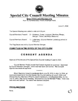 City Council Meeting Minutes, Special, July 21, 2004